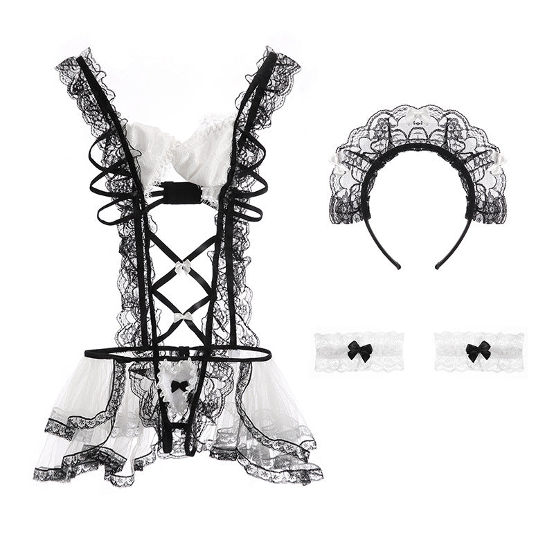 Image of Rose, erotic, lingerie, sexy lace, sweet jumpsuit, maid outfit, open gear, no-takeoff chest pad, uniform set, 090